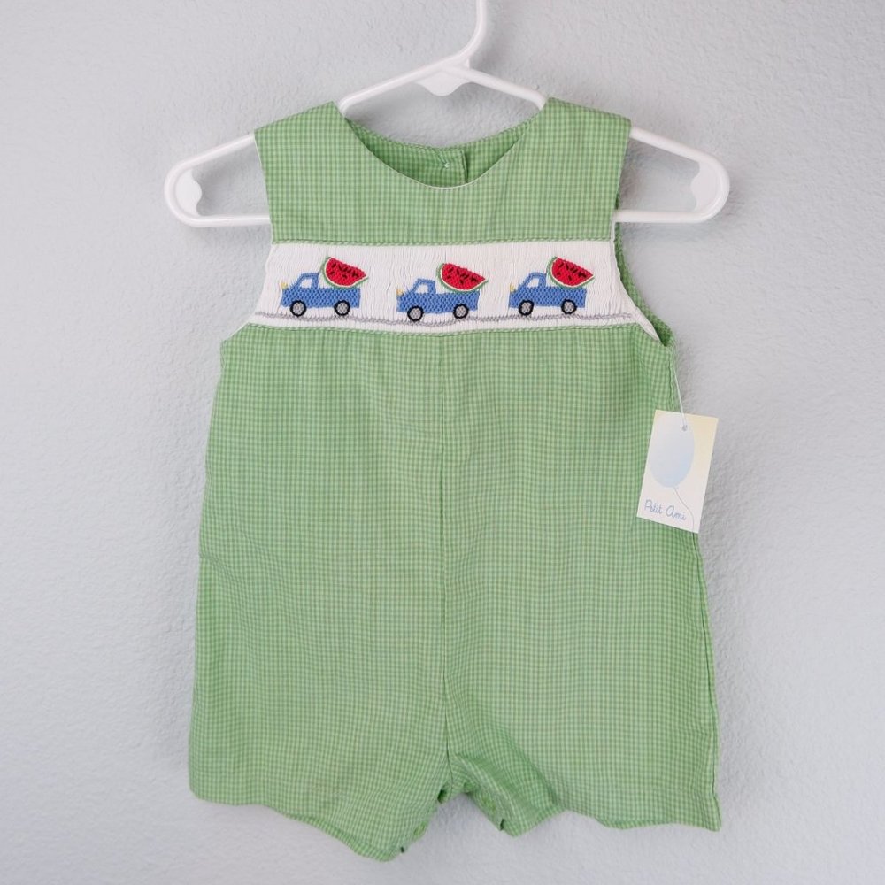 NEW Petit Ami Green Gingham Smocked Watermelon Truck Jon Jon